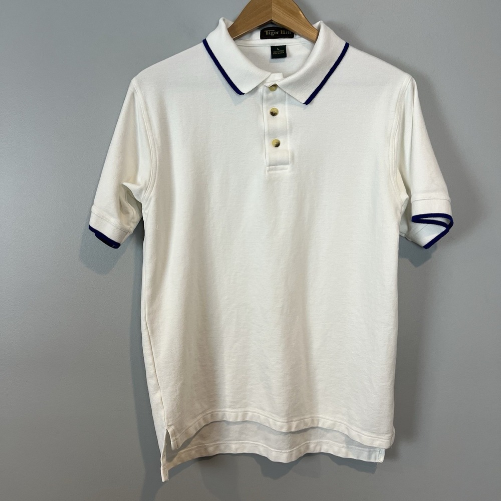 Tiger Hill White Polo Shirt Size Large Blue Trim Short Sleeve Unworn